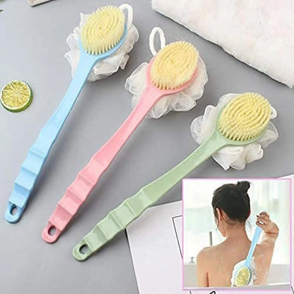 Double sided body bath brush with soft mesh loofah and firm